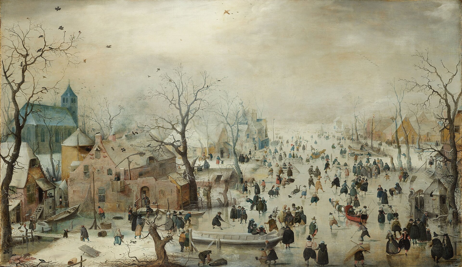 Imagem de referência de Paisagem de inverno com patinadores, descrito nos dados abertos como pintura de Hendrick Avercamp