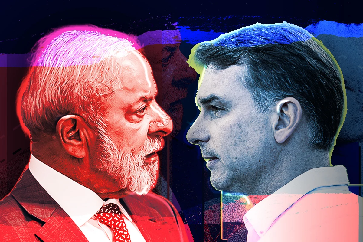 Montagem com fotos de Lula e Flavio Bolsonaro - Metr[opoles