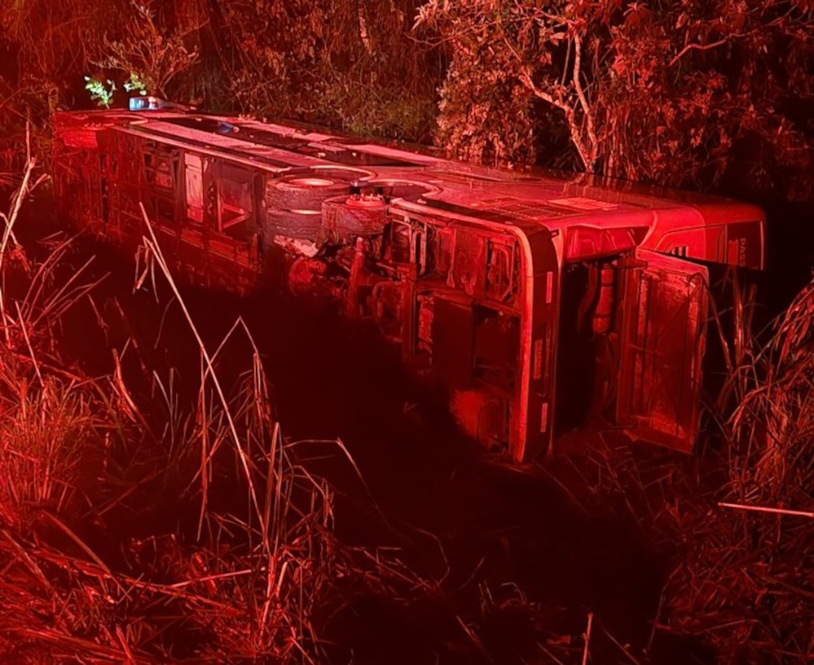 Coletivo tombou para fora da pista após motorista passar mal Reprodução/Corpo de Bombeiros