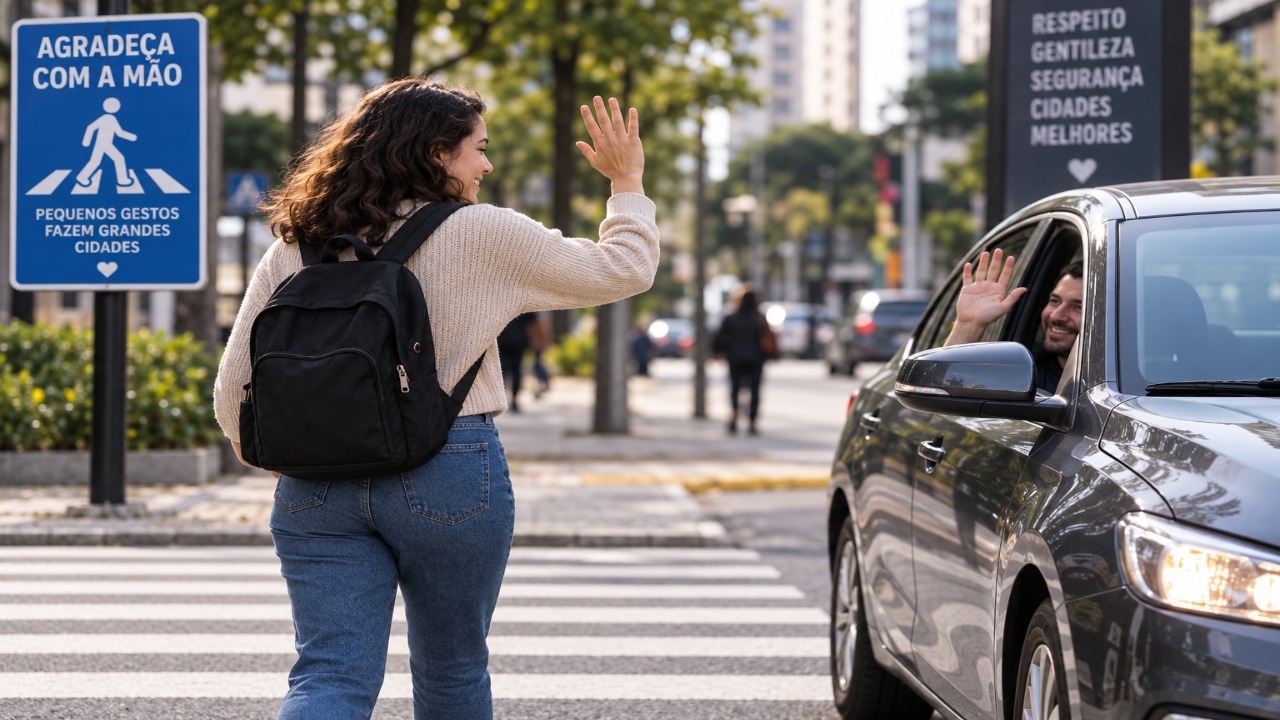 O que a psicologia revela sobre pessoas que agradecem com a mão quando um motorista para o carro