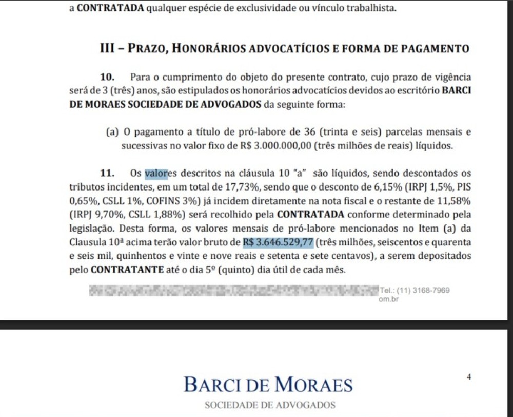 Trecho do contrato firmado entre o escritório Barci de Moraes e Daniel Vorcaro, então dono do Banco Master — Foto: Reprodução do contrato