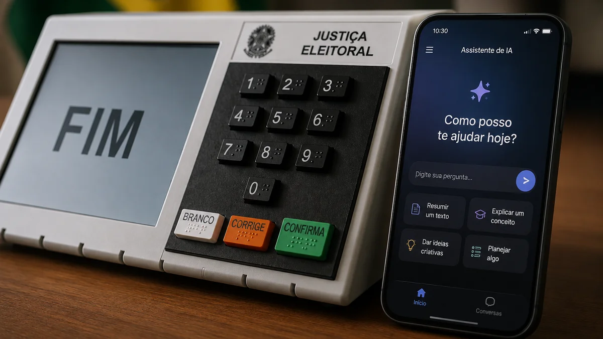 Urna eletrônica ao lado de celular com app de IA