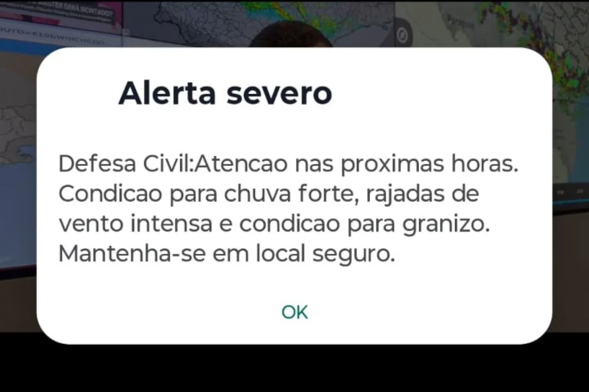 Imagens coloridas mostram mensagem com alerta severo para tempestades em São Paulo