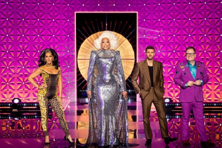 Michelle Visage, RuPaul, Joel Dommett and Alan Carr on series seven of RuPaul’s Drag Race UK