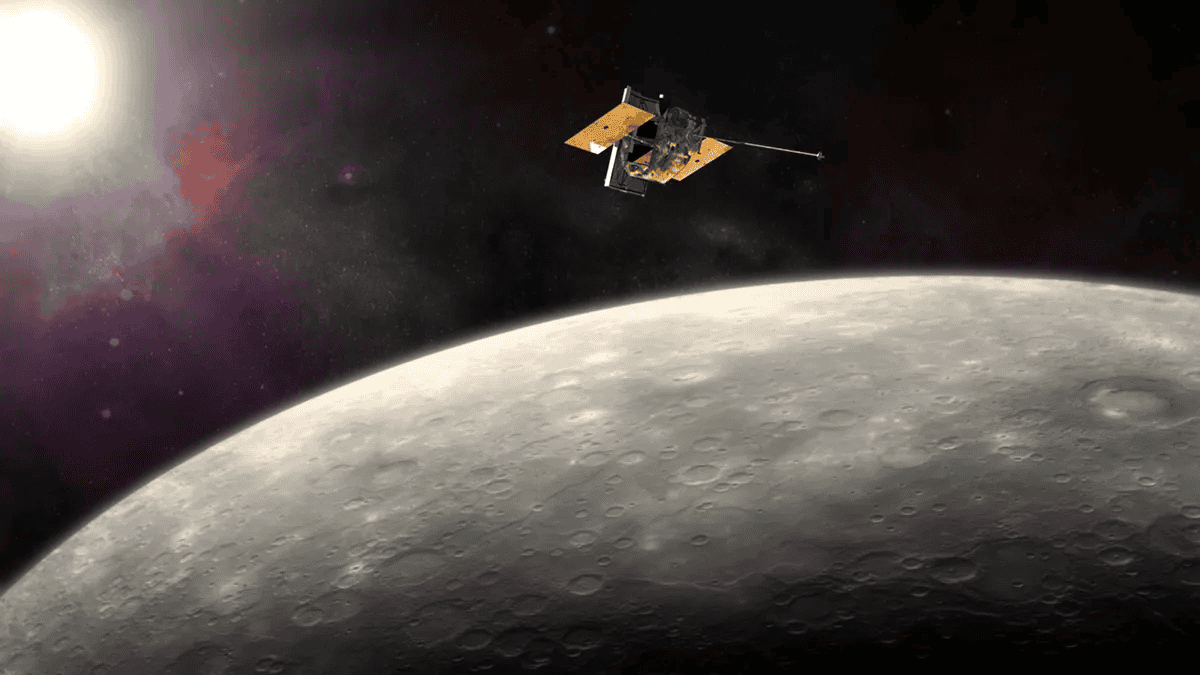 Ilustração da sonda MESSENGER da NASA sobre a superfície de Mercúrio