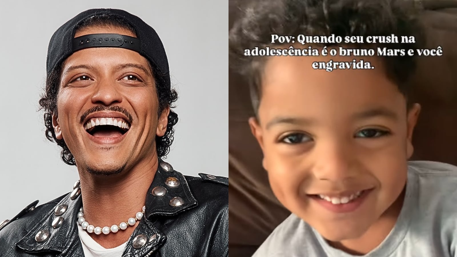 Brincadeira surgiu por causa da semelhança entre o filho de internauta e o cantor Montagem - Reprodução/Instagram/@brunomars/@alessasat