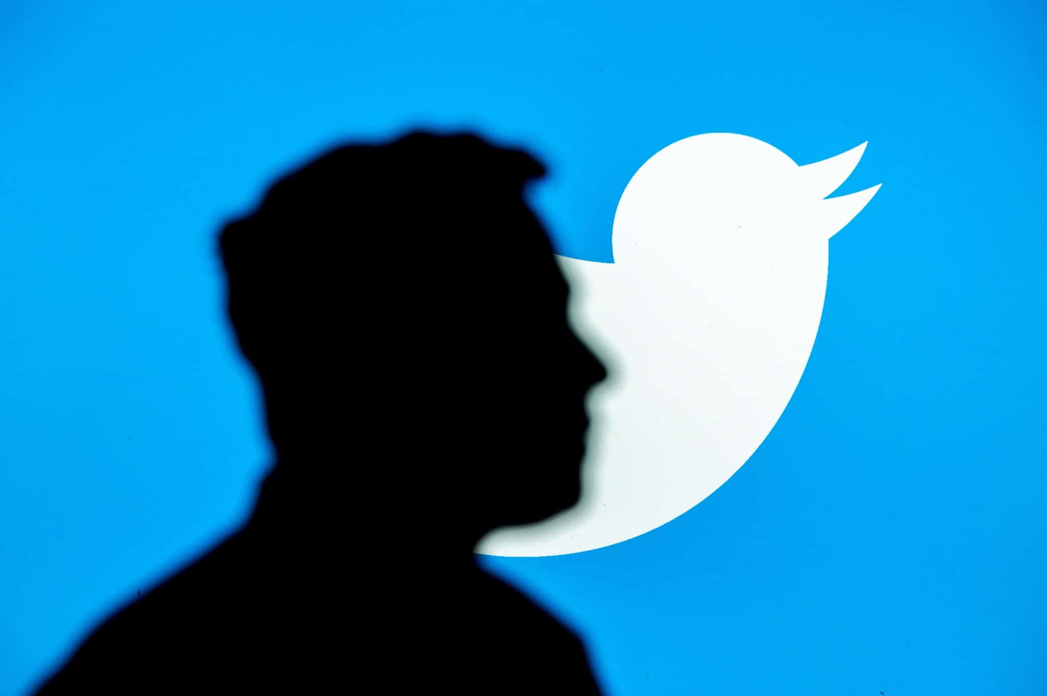 Silhueta de Elon Musk contrastando com o logo do Twitter ao fundo