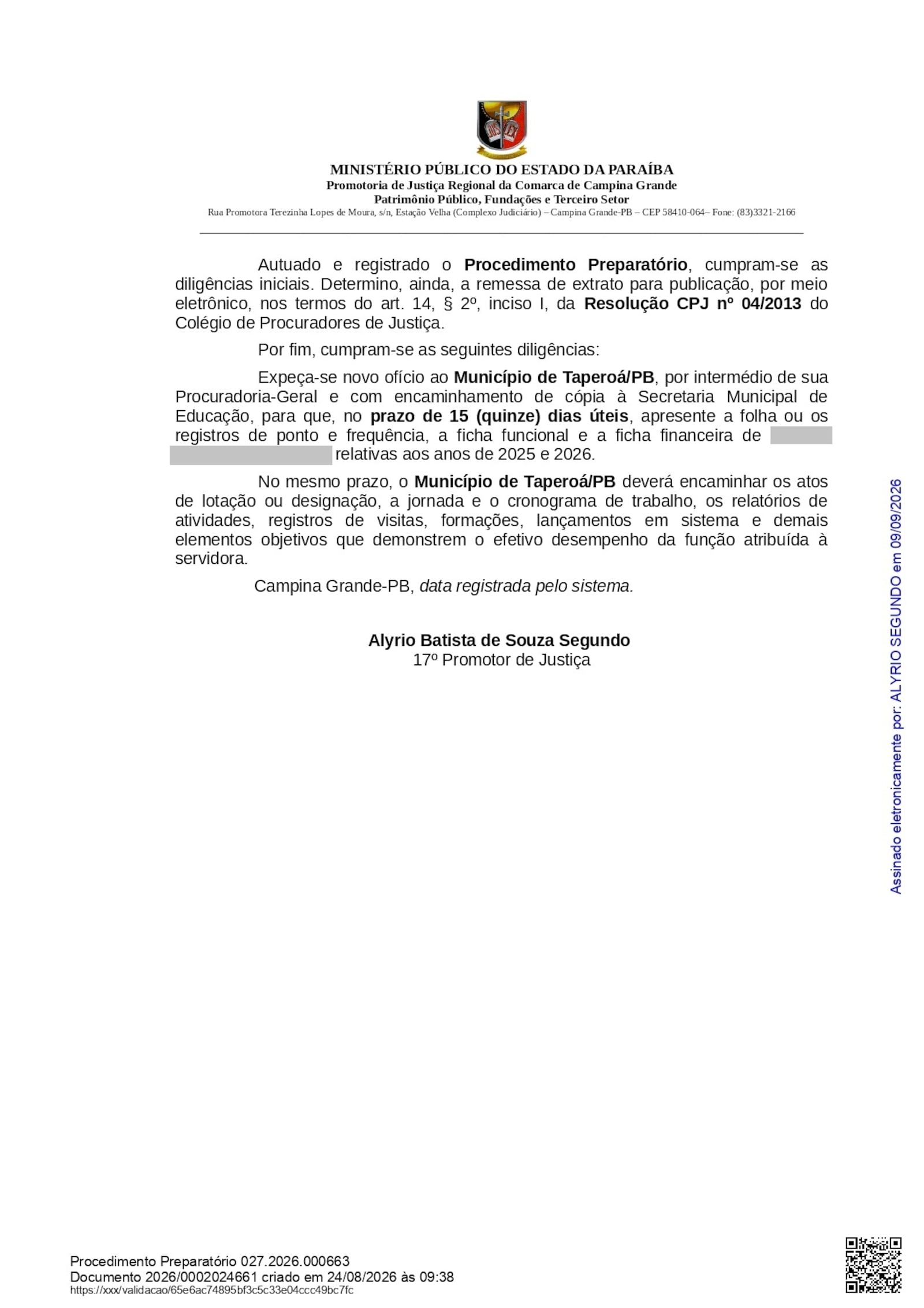 Imagem da matéria: MP investiga acúmulo de cargos e favorecimento à servidora em prefeituras da Paraíba