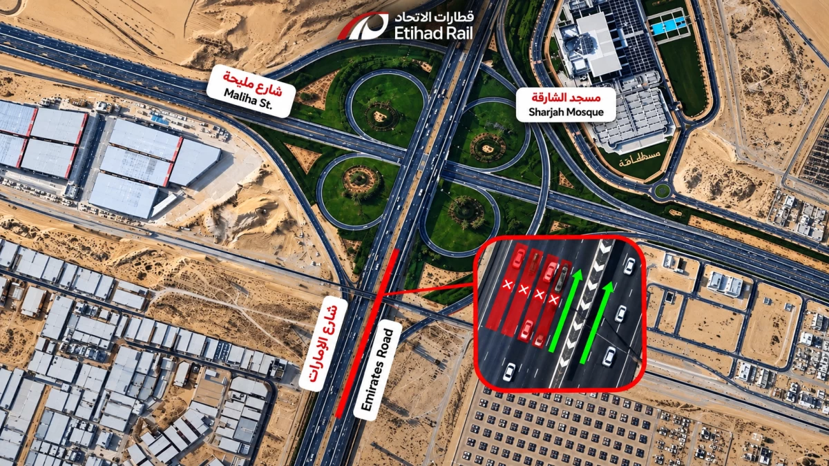 The partial closure on Emirates Road will affect motorists travelling from Dubai towards Sharjah between 1am and 5am until September 18 as Etihad Rail infrastructure works continue.