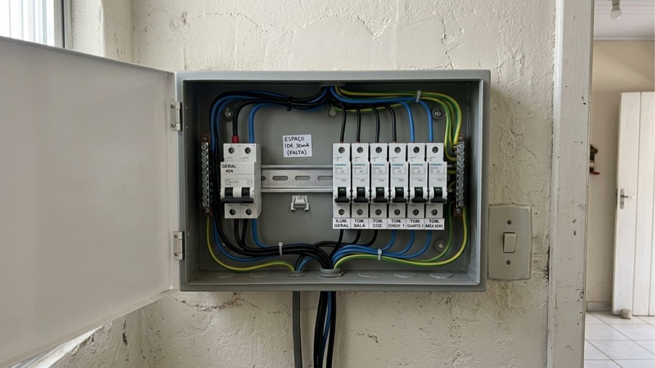 Eletricista faz revisão em casa recém-comprada, encontra quadro sem disjuntor diferencial e explica ao morador o que a norma exige em banheiro, cozinha e área de serviço desde antes da construção do imóvel