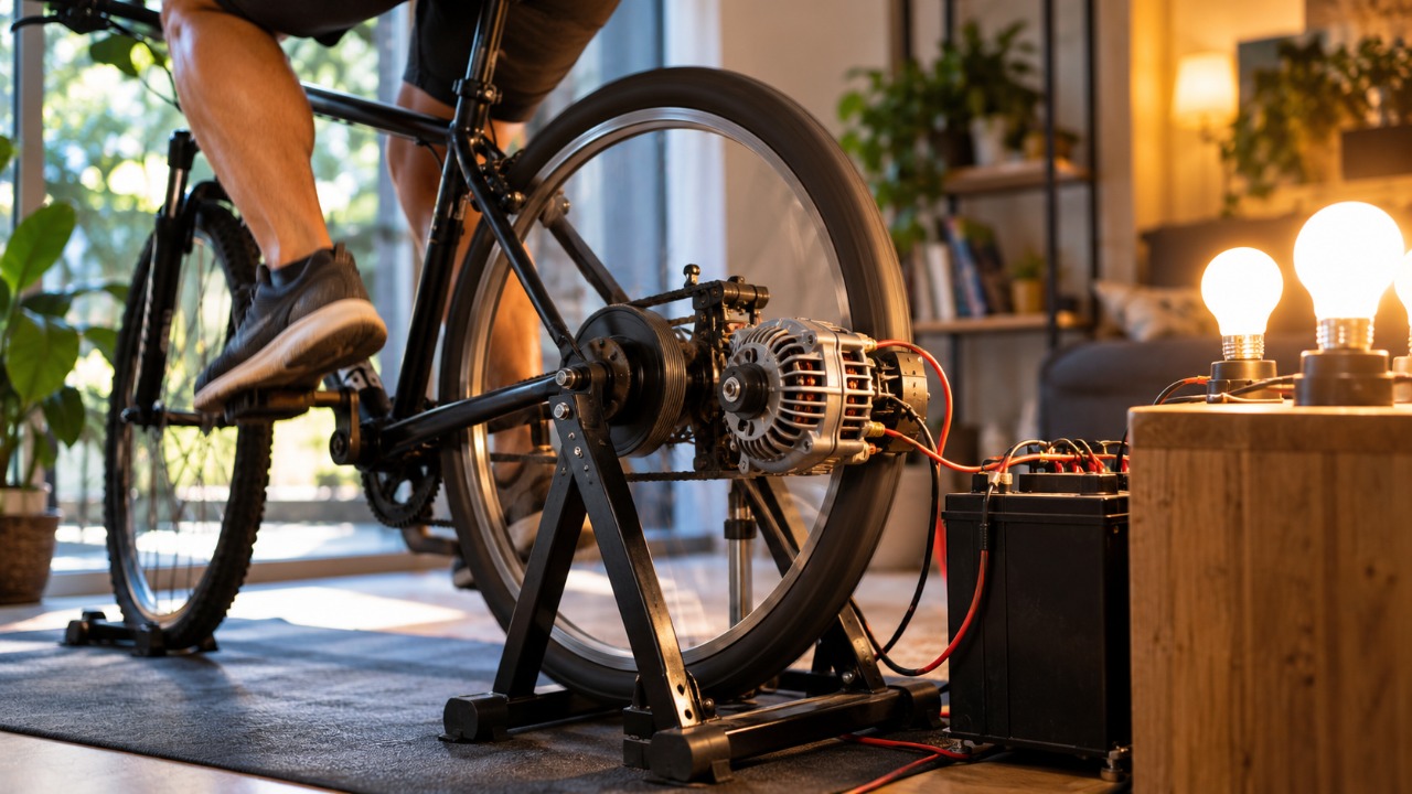 A gambiarra que liga uma bicicleta a um gerador e transforma cada pedalada em eletricidade suficiente para acender lâmpadas