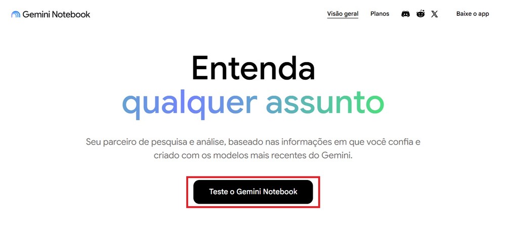 O acesso à plataforma é simples e exige apenas uma conta Google para entrar no serviço — Foto: Reprodução/Gemini Notebook