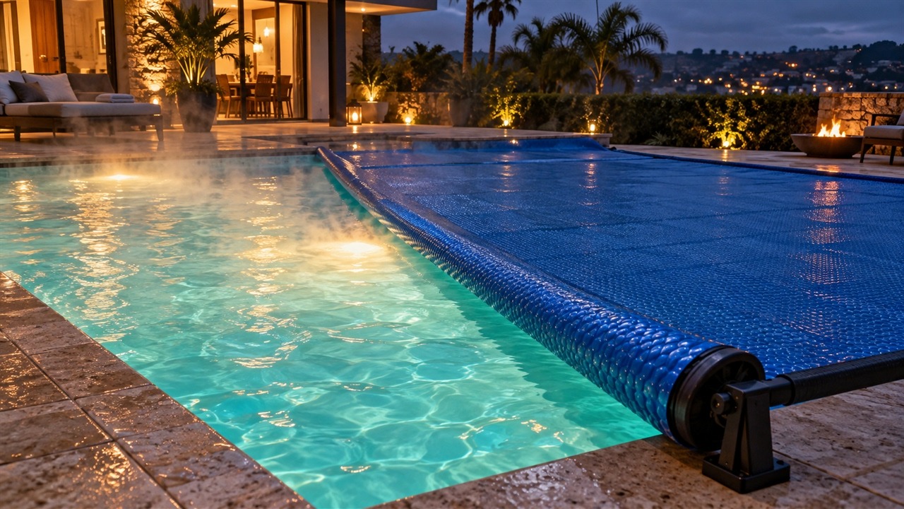 Piscineiro revela o segredo que pode reduzir de 50% a 70% a energia usada para manter a água aquecida: cobrir a piscina quando ela não está em uso