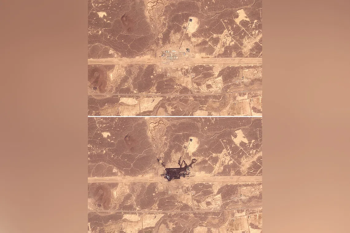 A general view of an infrastructure site south-east of Medina along the general route of Saudi Arabia’s East-West pipeline (Petroline) on Sept 6 (top) and the same site on Sept 11 after it was damaged by fire.