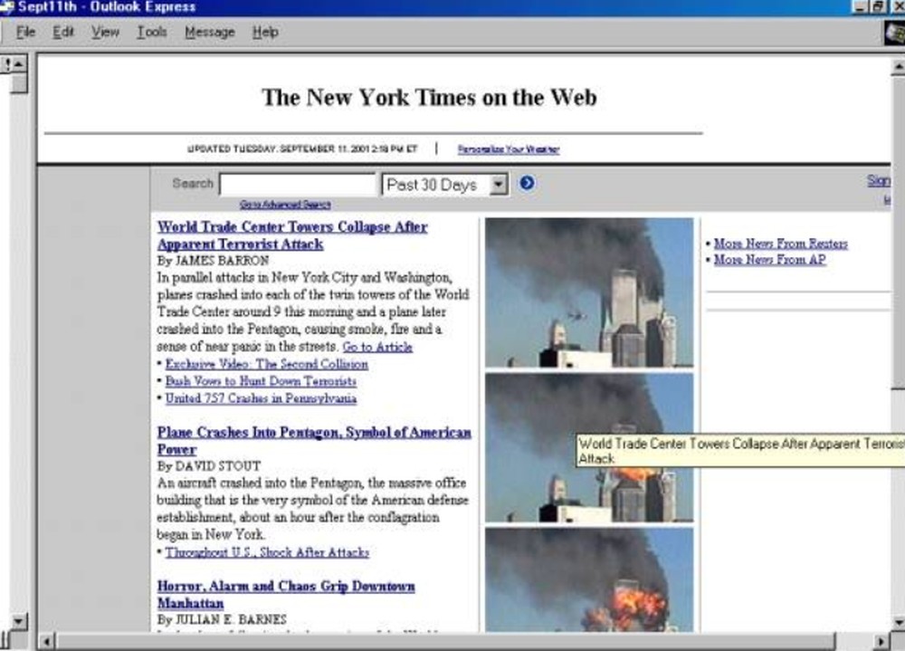 New York Times no dia 11 de setembro de 2001 — Foto: Captura de tela September 11 news