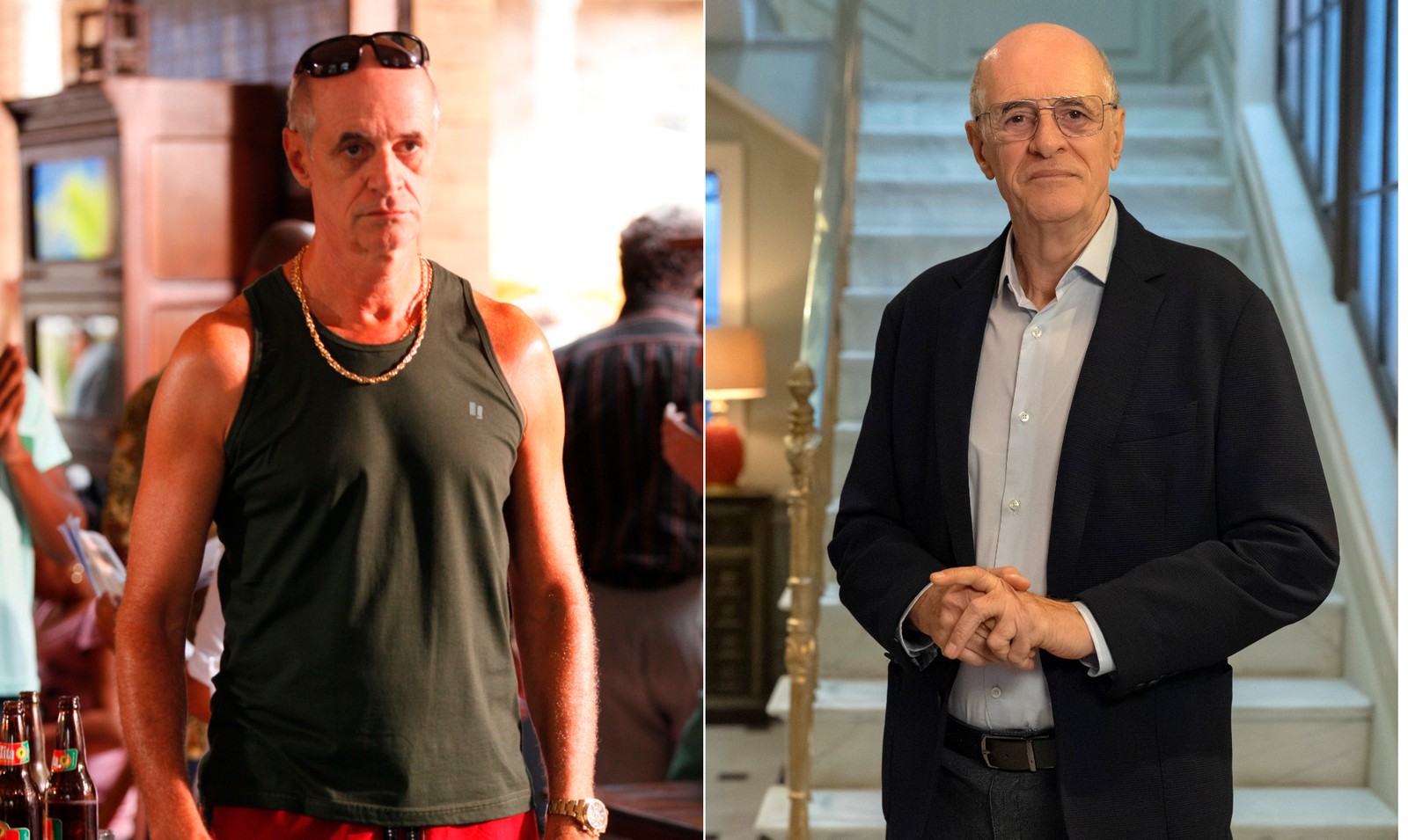 Marcos Caruso foi Leleco, pai de Tufão, em 'Avenida Brasil'; à direita, na novela das 19h 'Coração acelerado', de 2026 — Foto: Divulgação TV Globo