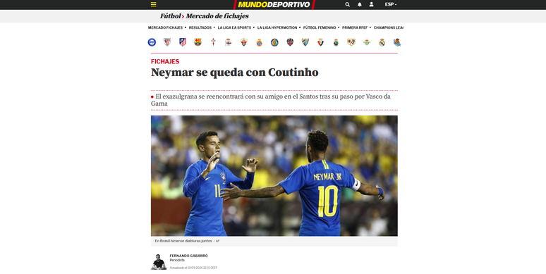 'Companheiro de luxo': imprensa internacional destaca possível acerto entre Coutinho e Santos