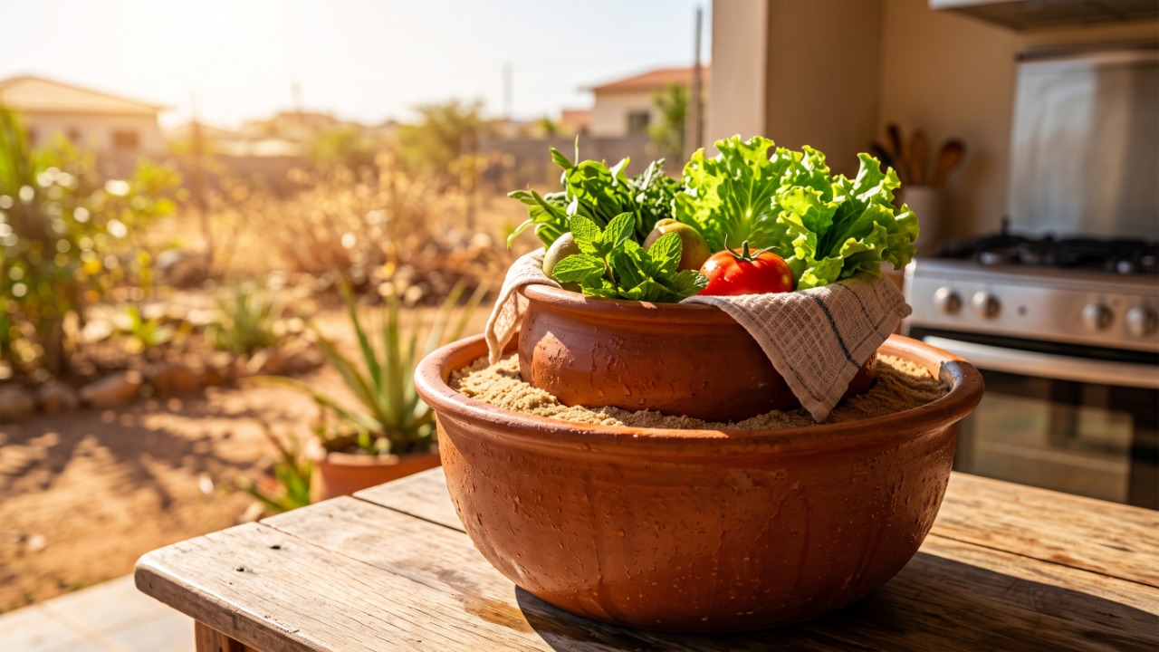 A geladeira de barro feita com dois potes, areia úmida e um pano que conserva alimentos sem eletricidade: usa a evaporação da água para retirar calor, funciona melhor em regiões quentes e secas, e o único cuidado frequente é manter a areia úmida