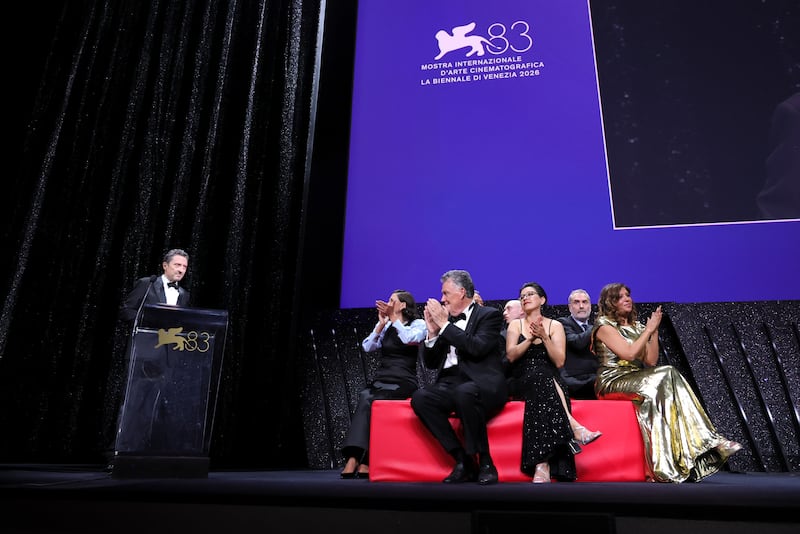 Pierangelo Buttafuoco, president of the Venice Film Festival, and jury members Maggie Gyllenhaal, Francesco Casetti, Daniel Blumberg, Shahrbanoo Sadat, Xavier Giannoli and Kaouther Ben Hania, during the closing ceremony. Getty Images